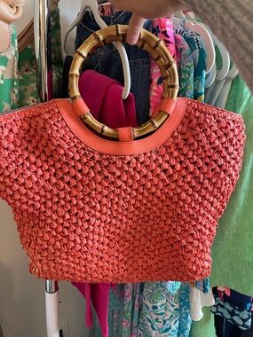 Talbots Coral Woven Tote with Bamboo Handles
